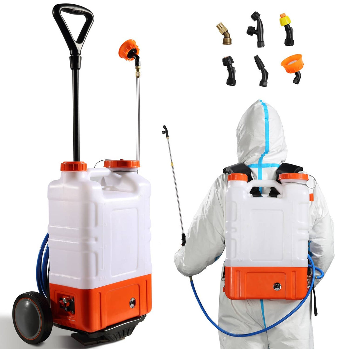 Wheeled battery backpack sprayer cart with white tank, orange base, black wand, and wheels