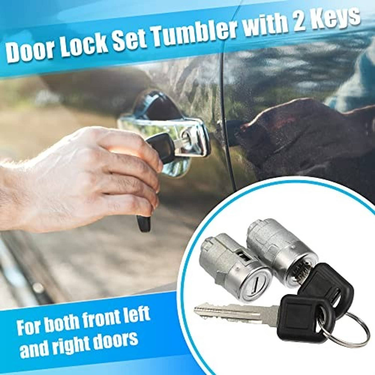 Door lock cylinder set with two keys; key inserted into a silver lock