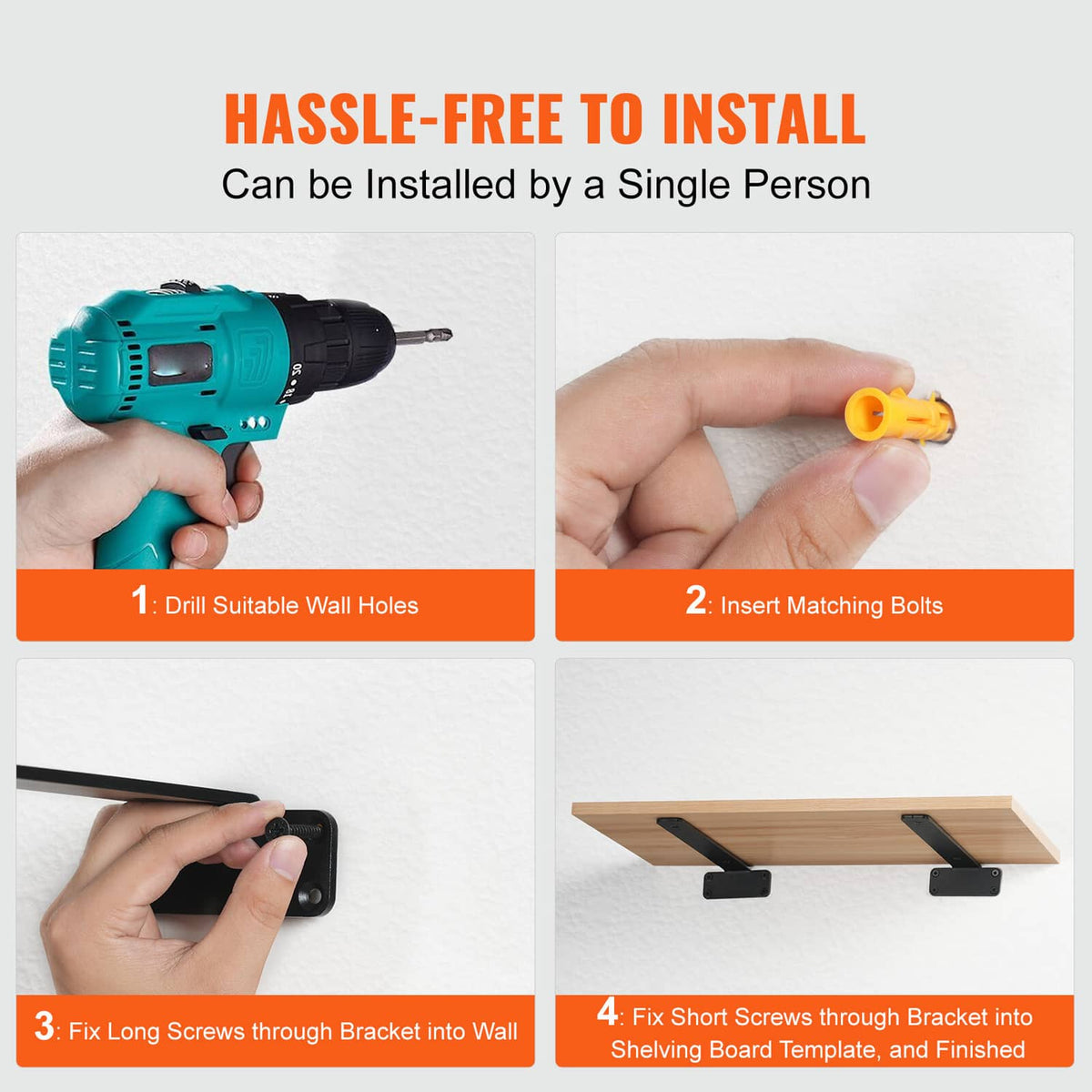 Black L-shaped shelf bracket with included installation hardware visible and mounting points