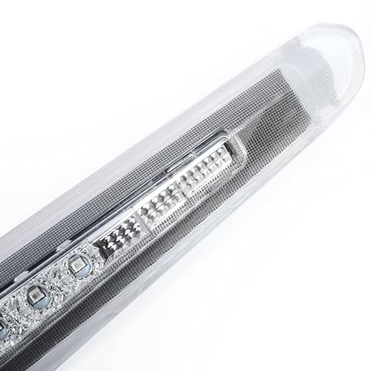 Close-up of rear LED third brake light interior LEDs inside clear lens housing.