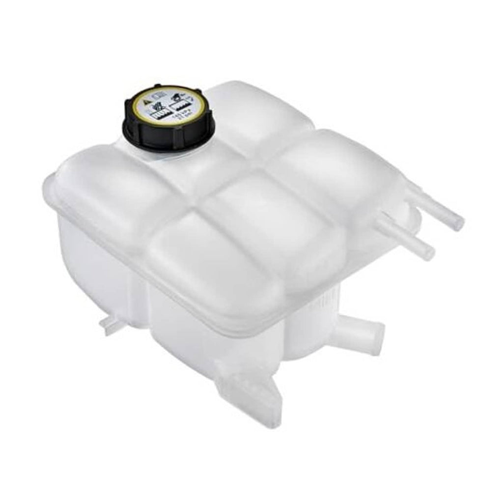 White translucent engine coolant expansion overflow tank with screw cap and outlets
