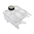 White translucent engine coolant expansion overflow tank with screw cap and outlets