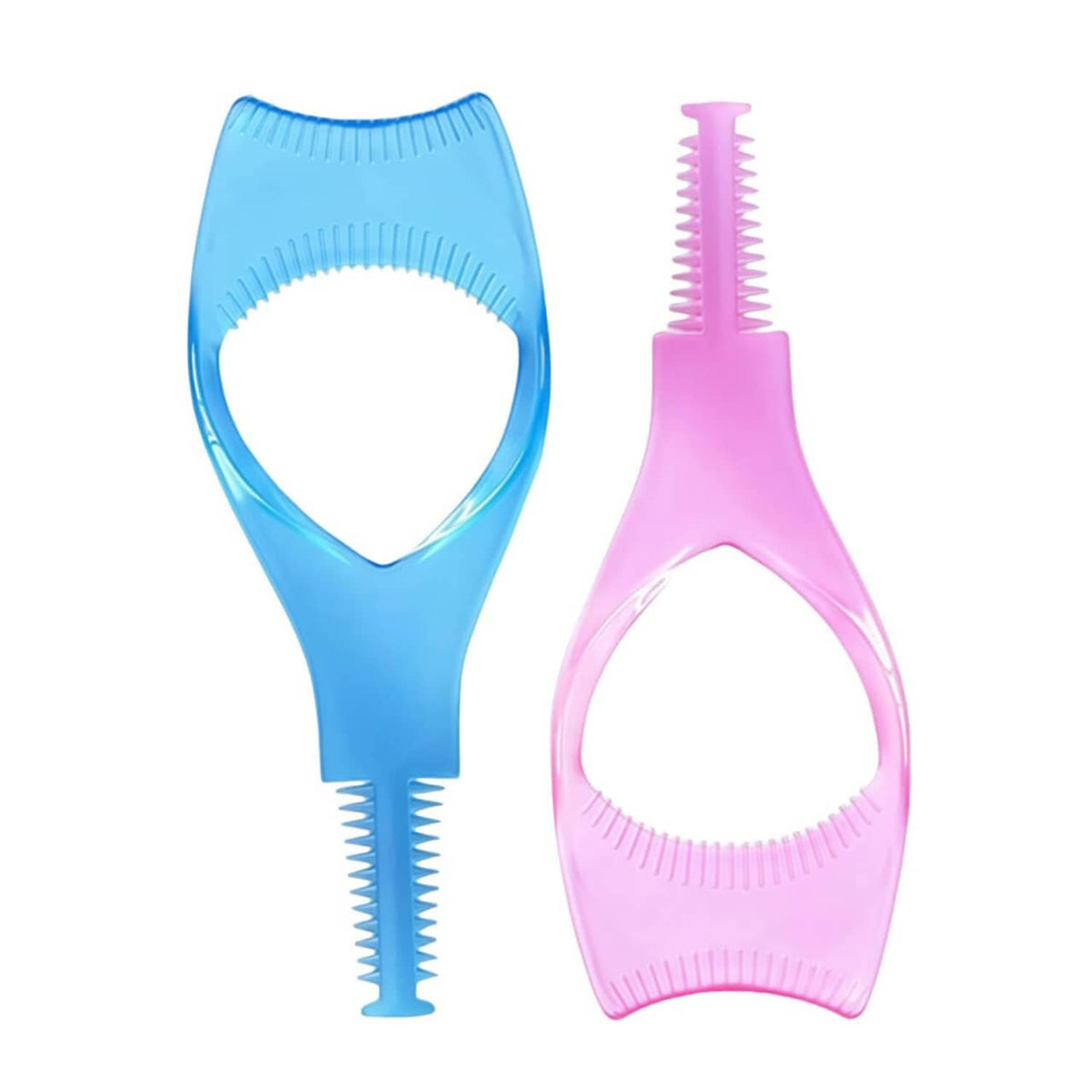 Two eyelash shield tools: blue and pink, each with wide curved guard