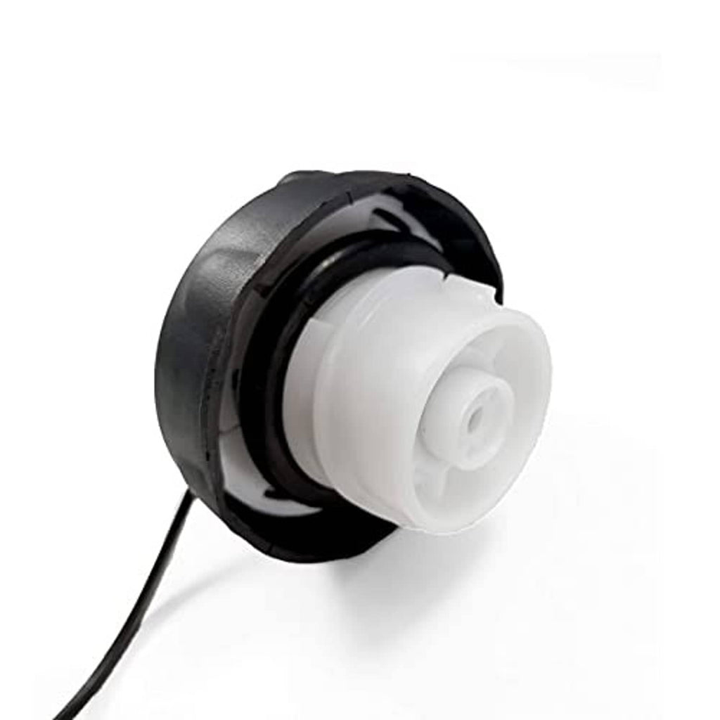 Fuel cap underside with white plastic insert and black housing