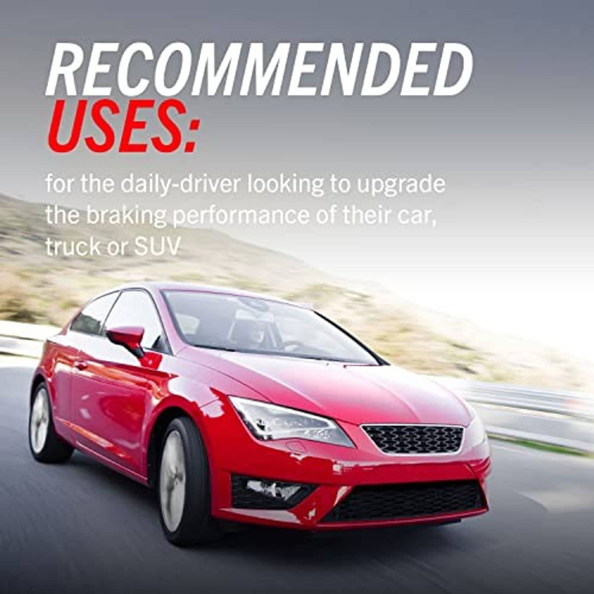 Red sports car on road with brake performance kit recommended-uses promo graphic