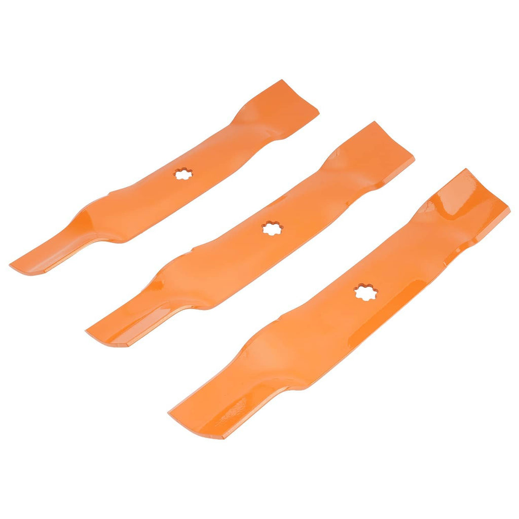 Three orange mower deck blades with star-shaped center holes and curved cutting edges