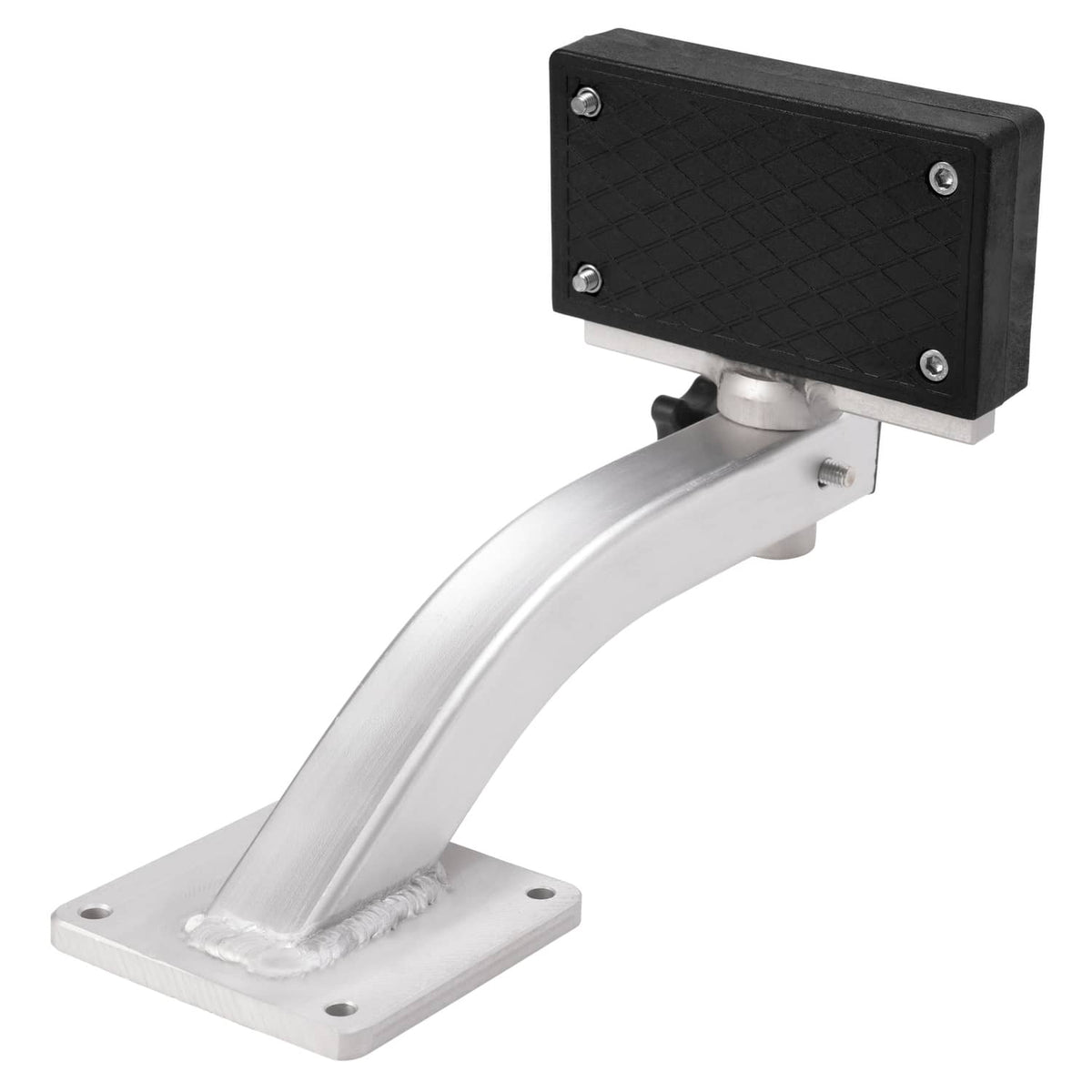 Trolling motor bracket with black mounting plate and silver curved support arm