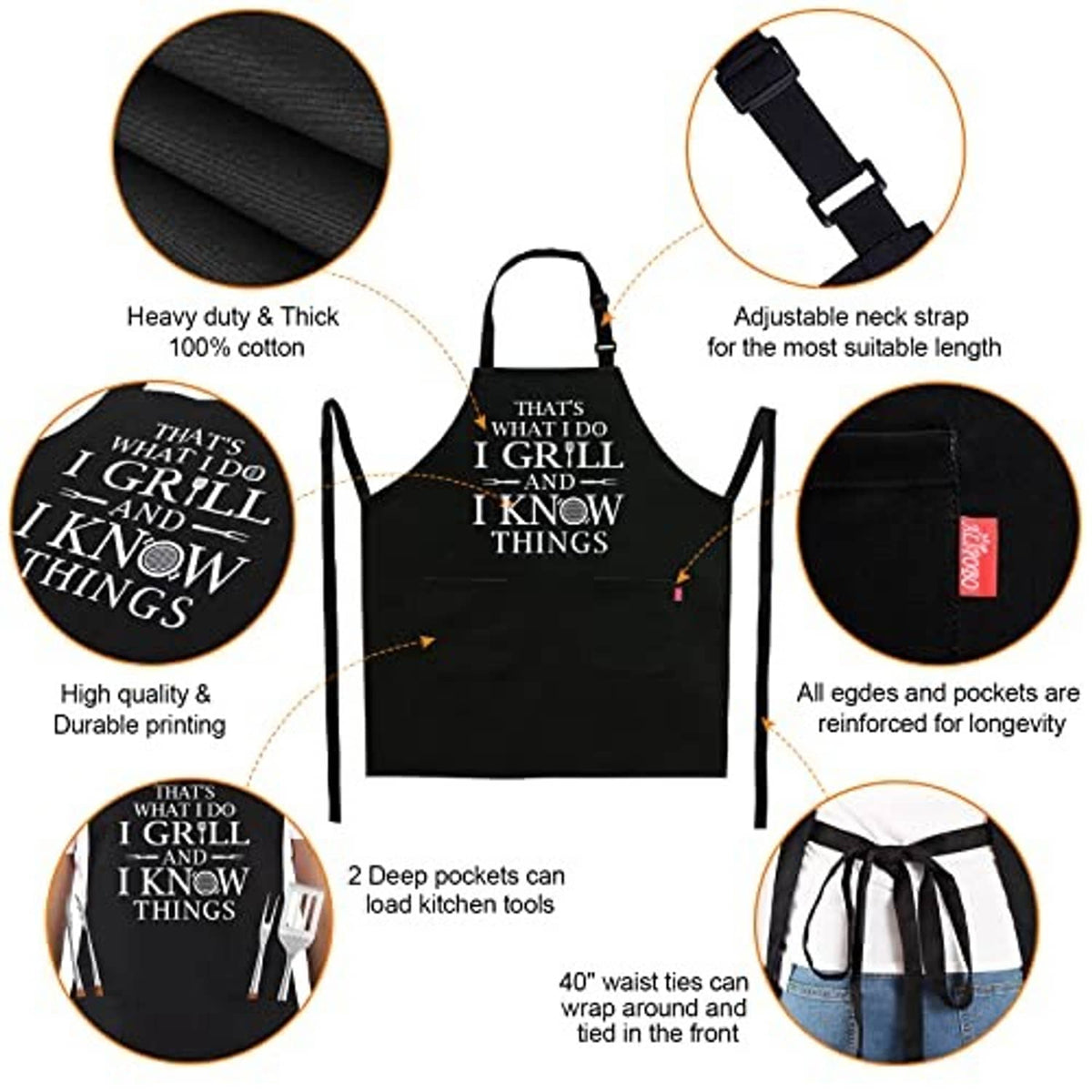 Black grilling apron features adjustable neck strap, reinforced edges, and two pockets