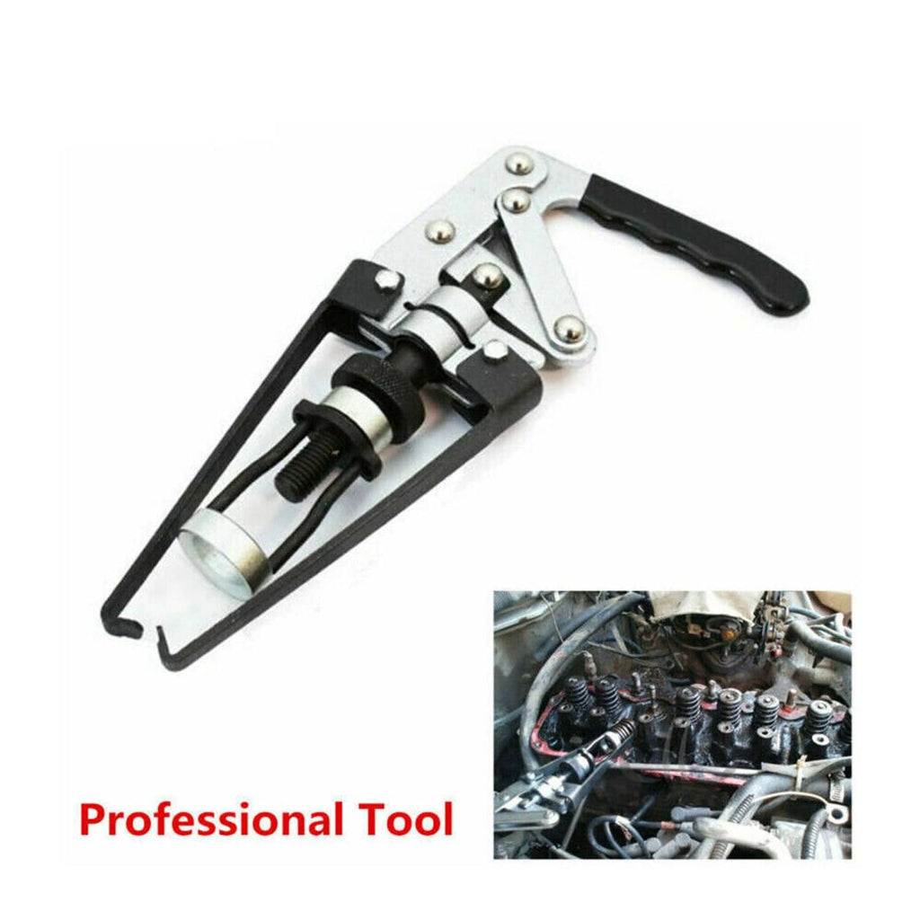 Valve spring compressor tool with metal frame, black grips, and threaded shaft