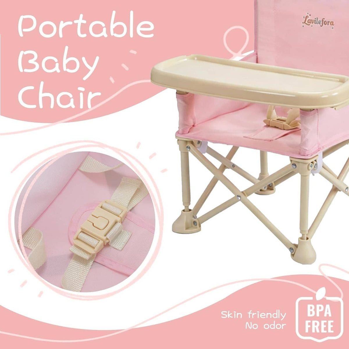 Pink baby booster chair with cream tray and adjustable safety straps, portable design