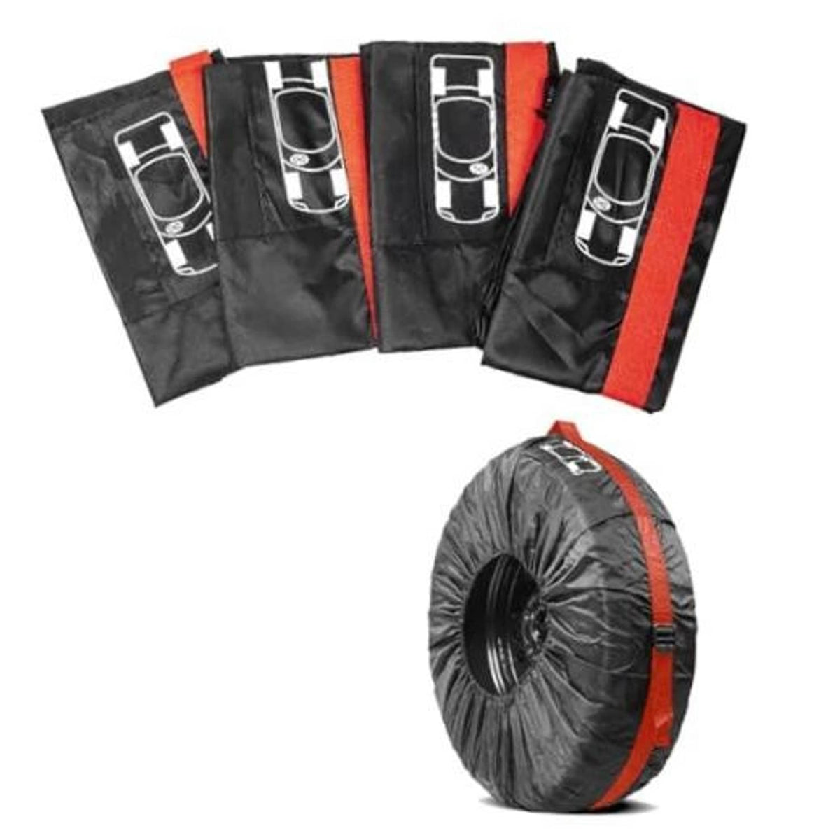 Black 4-pack tire wheel covers with orange trim and front handle straps