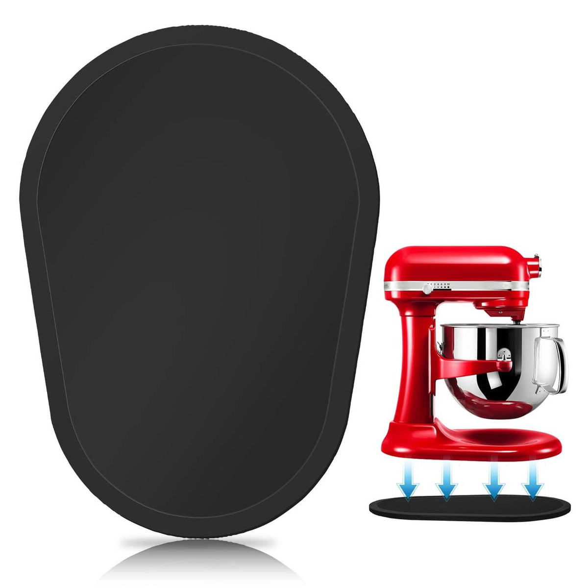 Black oval bamboo mixer slider pad next to red stand mixer base