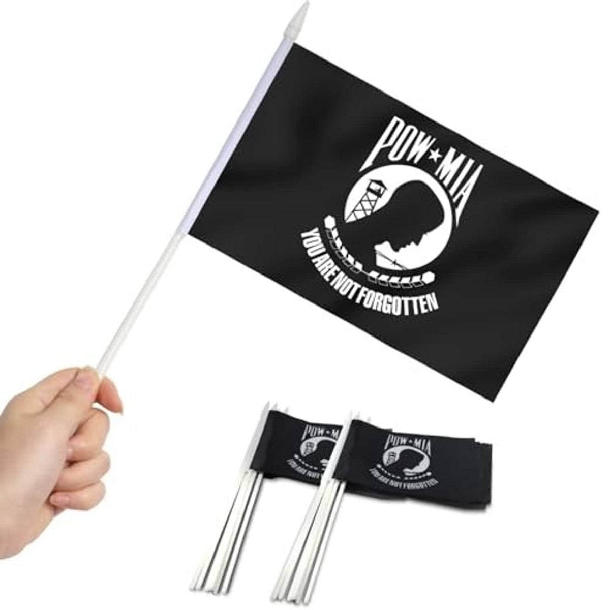 Mini POW/MIA flags set: black cloth with white emblem, includes hand flag and poles