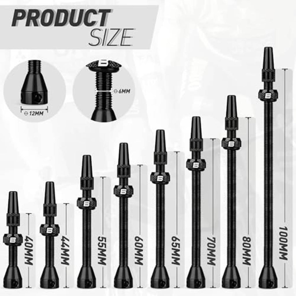 Black Presta tubeless valve stems in multiple lengths; size chart with stem profiles