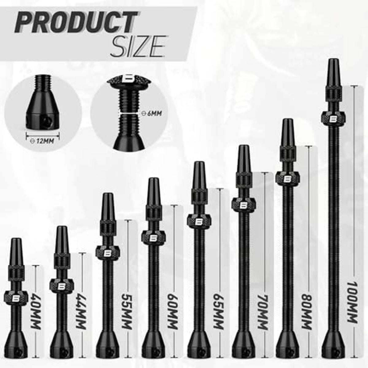 Black Presta tubeless valve stems in multiple lengths; size chart with stem profiles