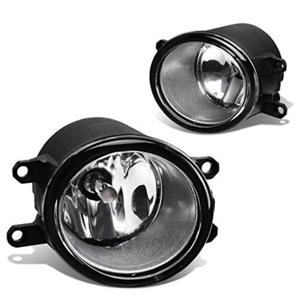 Pair of front bumper fog lights with clear lenses, chrome reflectors, and black housings