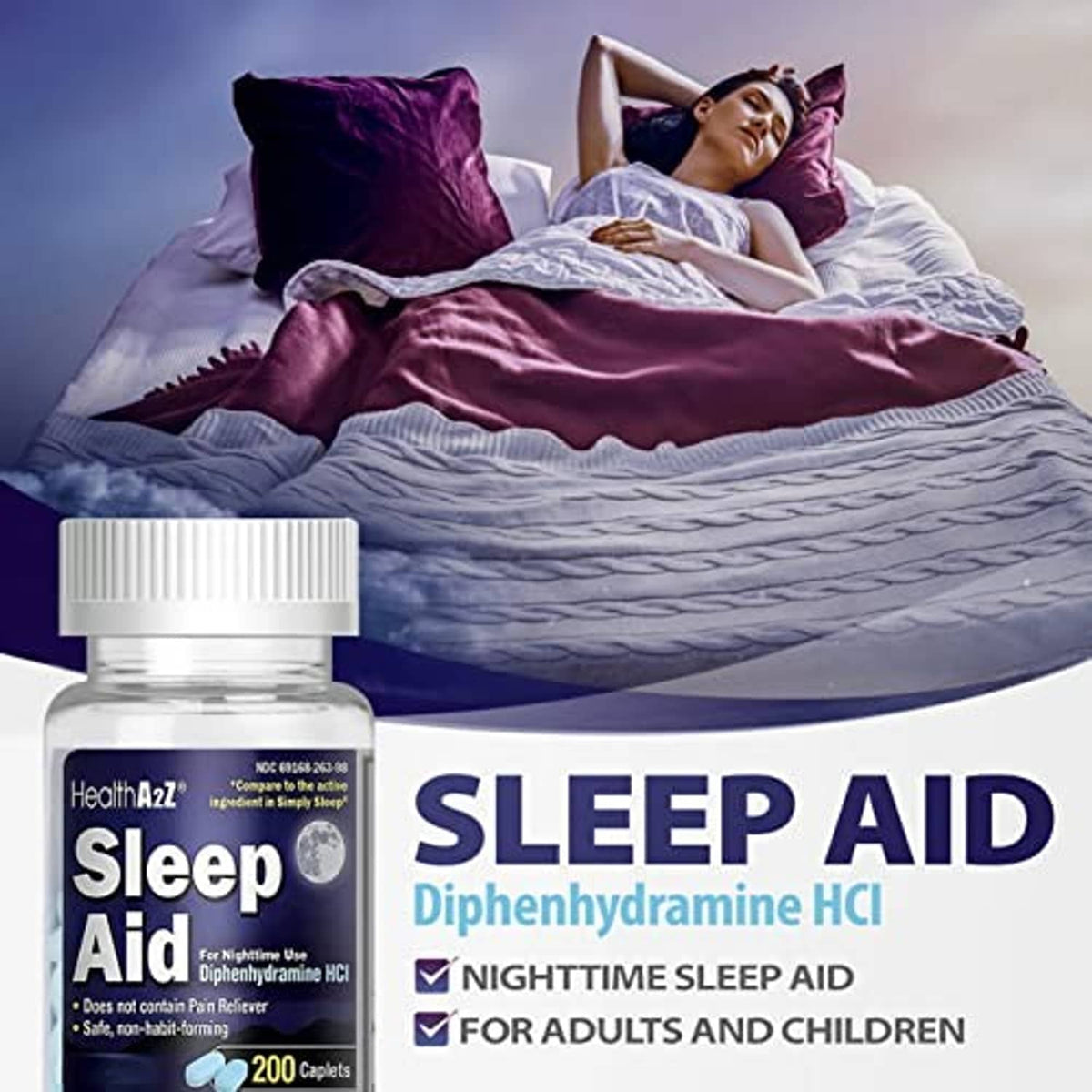 Sleep aid bottle with “Diphenhydramine HCl” text and nighttime sleep aid callouts