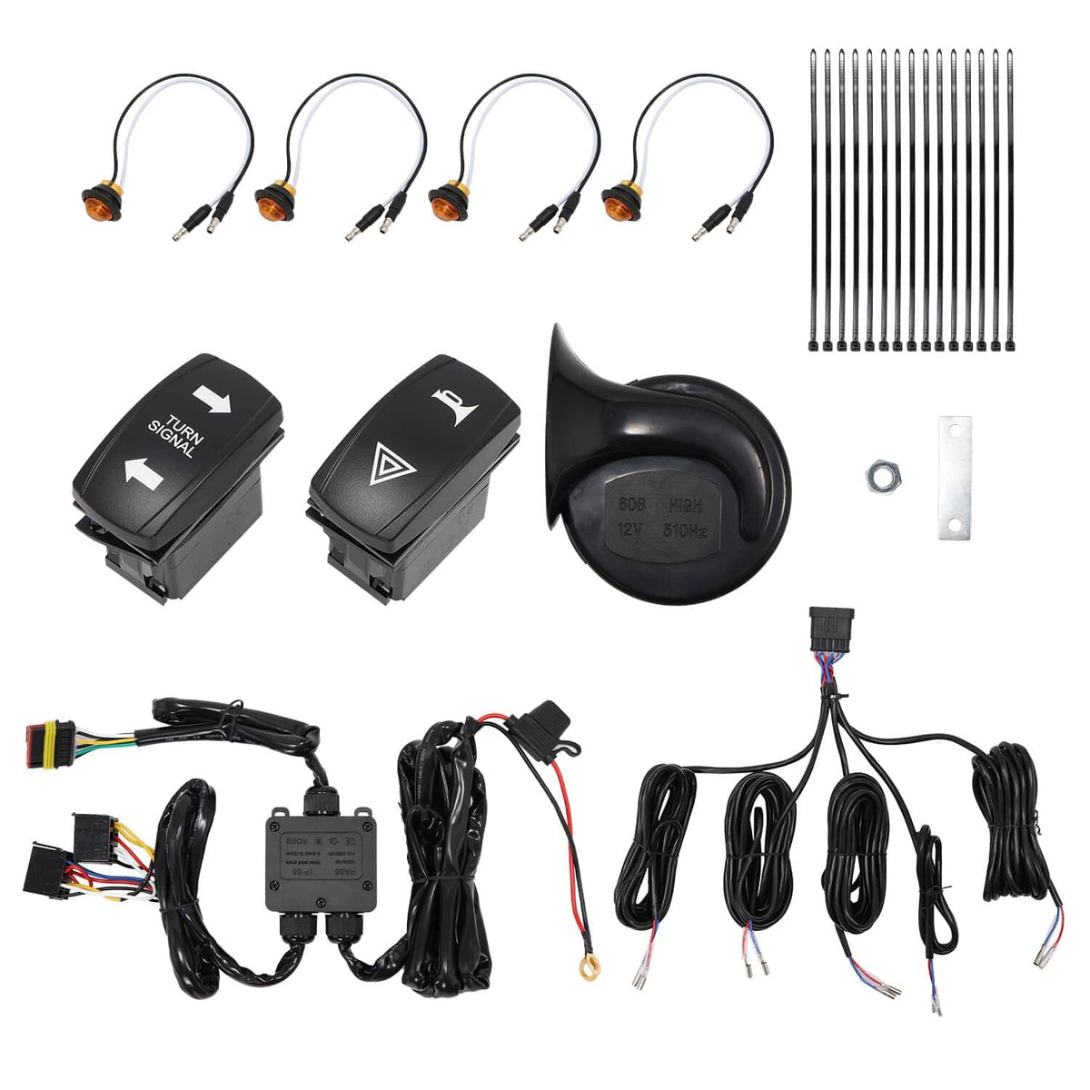 Street legal turn signal horn kit: amber horn, rocker switches, wiring harness, and light leads