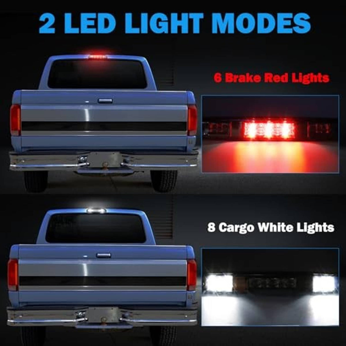 Third brake light on pickup rear window, red LED brake glow across the lamp.