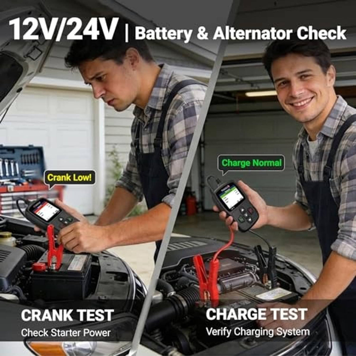 Battery & alternator check tester connected to engine bay with red/black leads