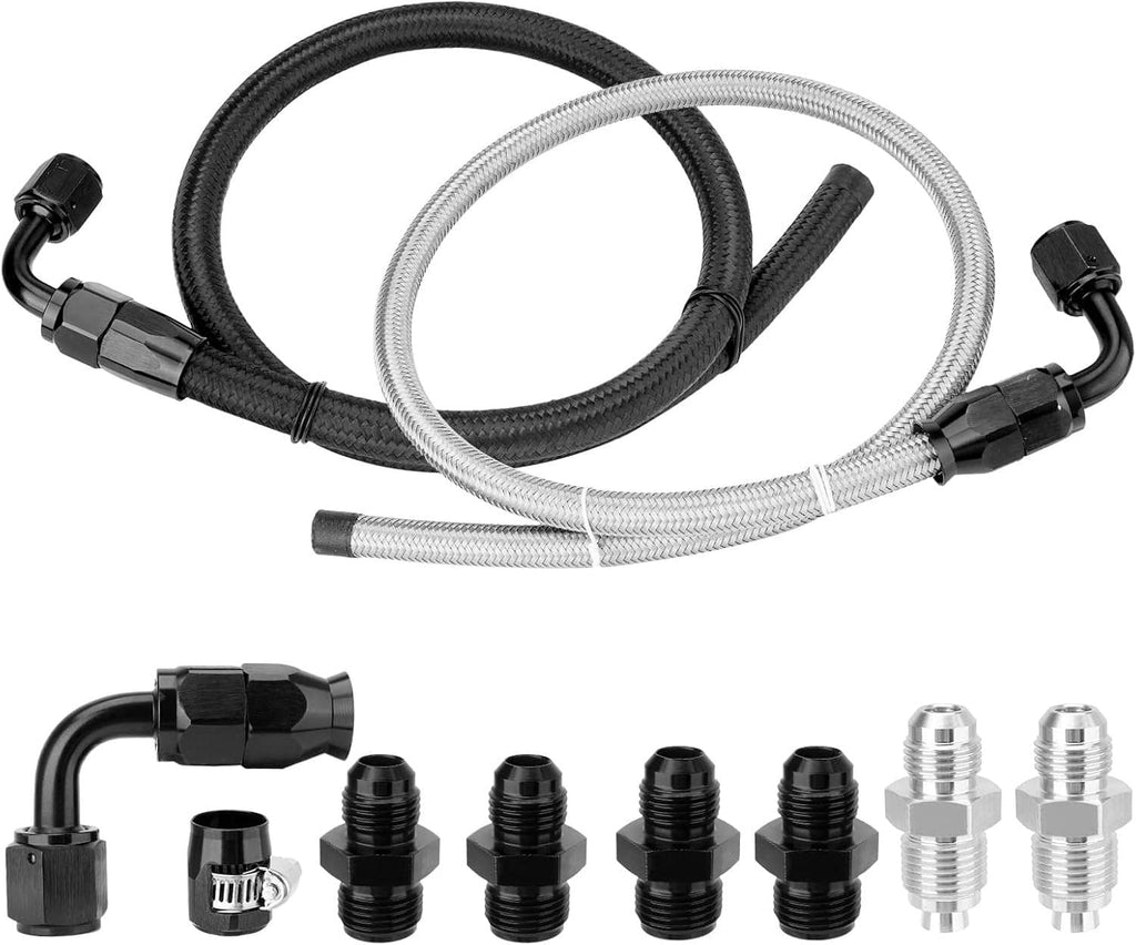 Power steering hose kit with braided lines and AN fittings, black and silver
