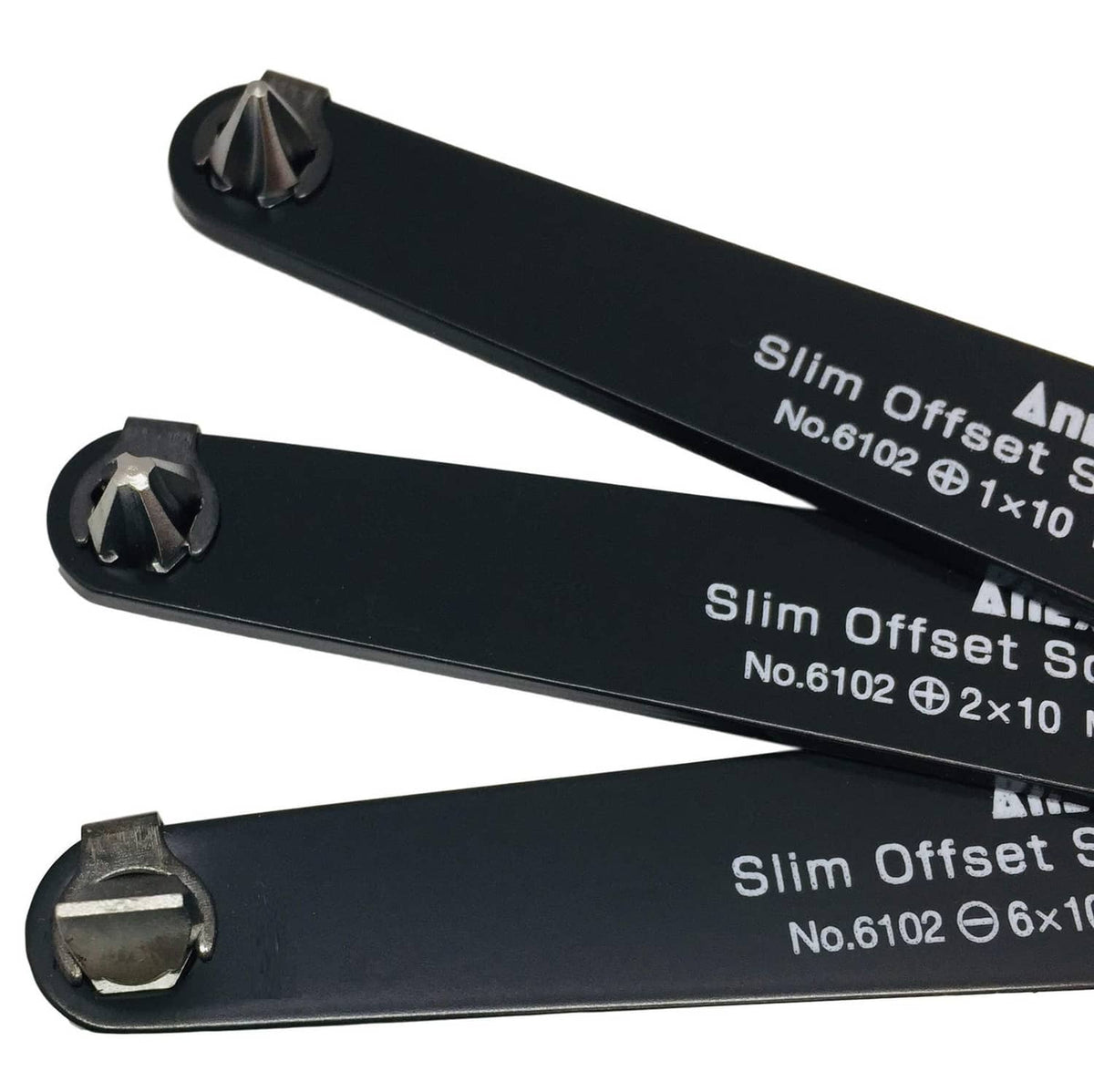 Two slim offset screwdrivers with hex heads, black bars, visible size labels