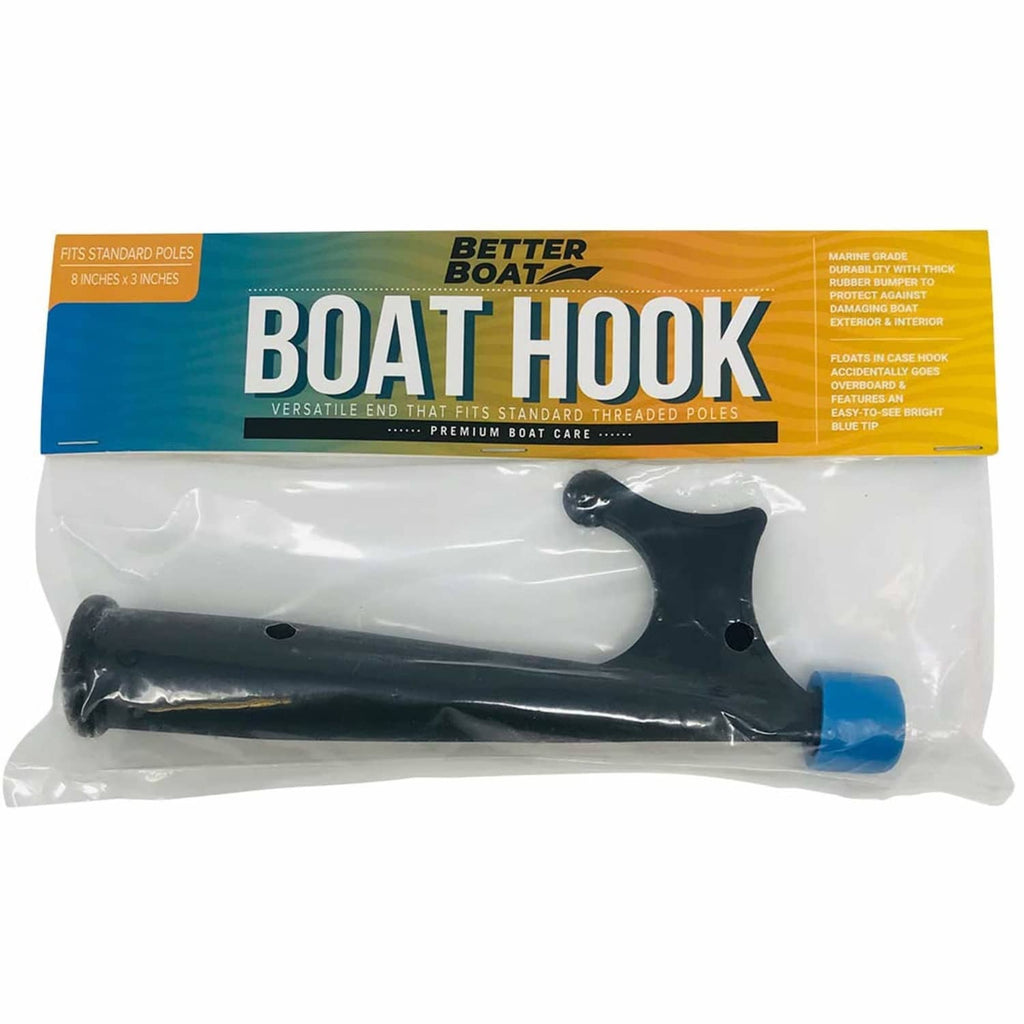 Packaged black plastic boat hook with blue rubber bumper and threaded end