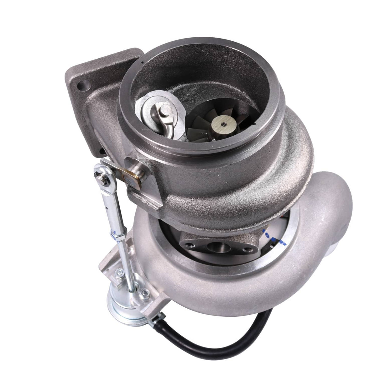 Turbocharger compressor housing with circular fan inlet and actuator arm, silver-gray