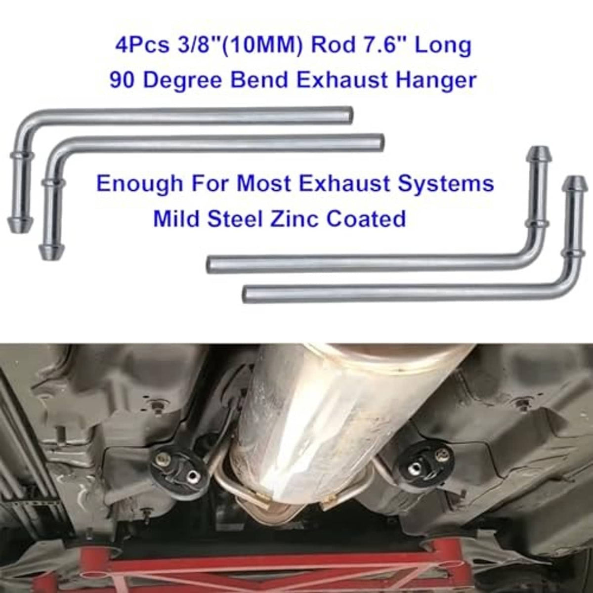 90-degree bent exhaust hanger rods with silver finish and rubber insulators