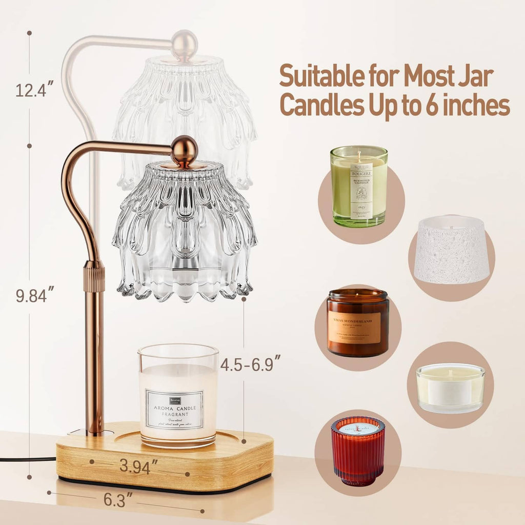 Clear glass candle warmer lamp with copper pole and wooden base, adjustable dome