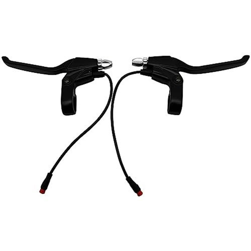 Black dual brake lever set with connected cables and red-tipped ends