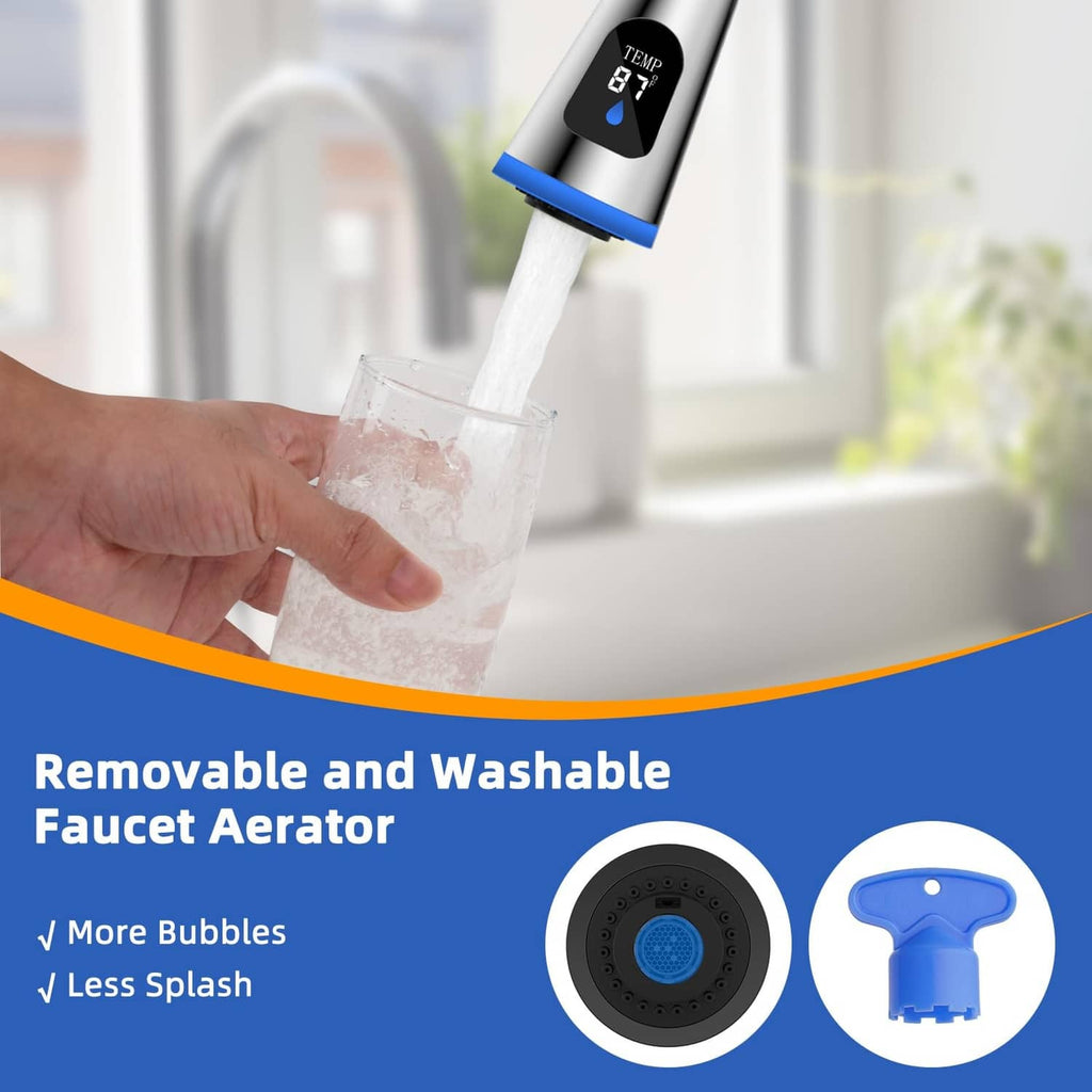 Kitchen faucet sprayer head dispensing water with removable aerator shown below