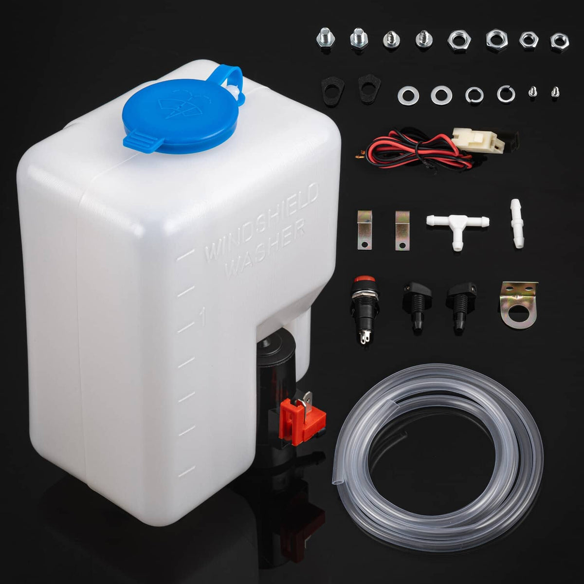 Washer reservoir tank with blue cap, clear tube, and included electrical connectors