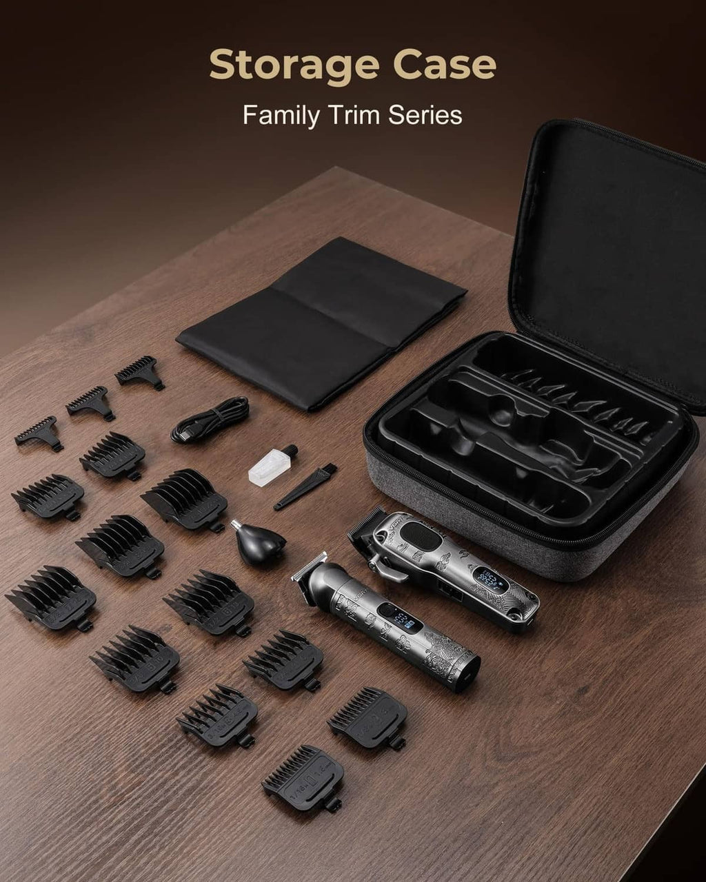 Hair clipper storage case with included guide combs and trimming accessories