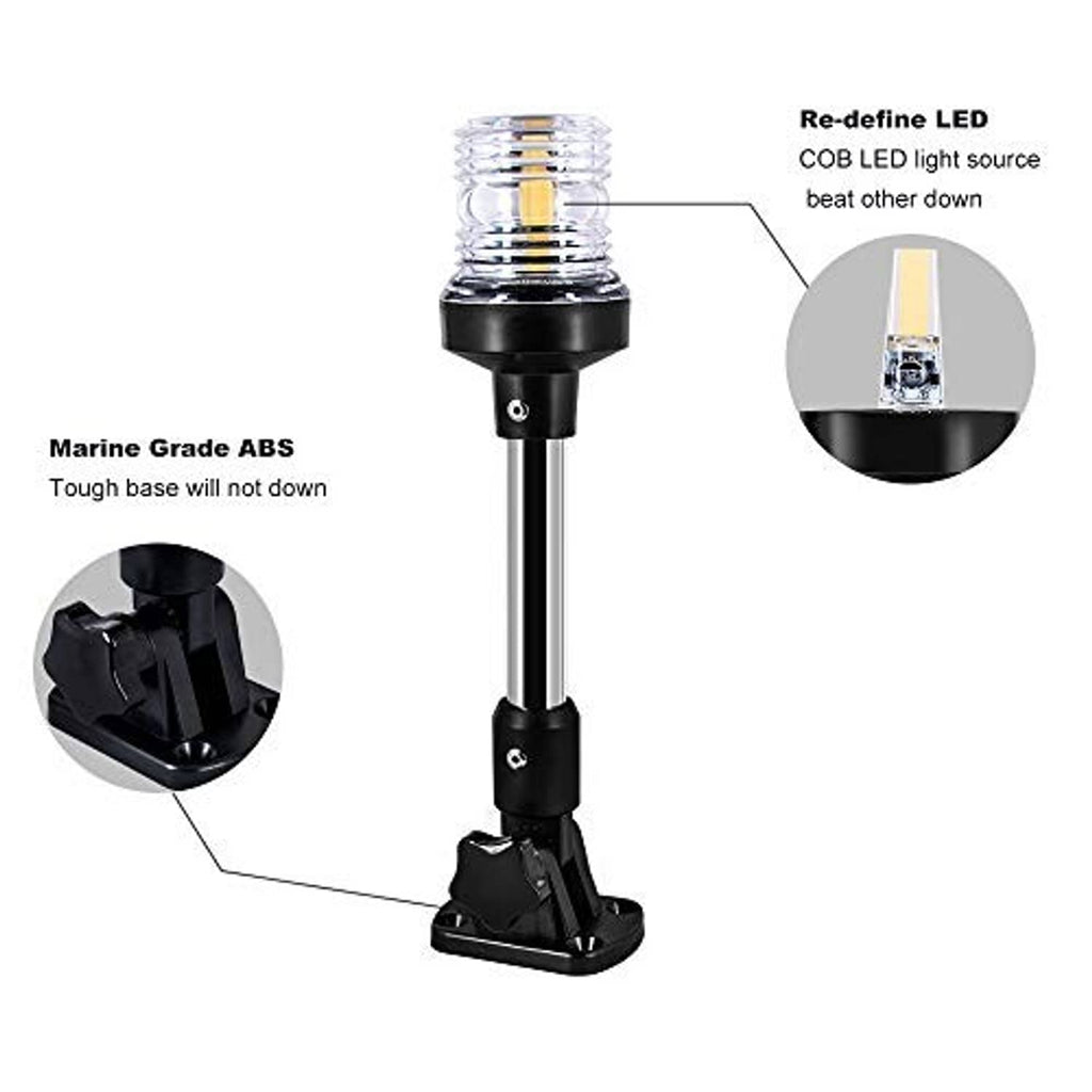 Marine-grade LED stern light with folding base, chrome pole, and clear lens