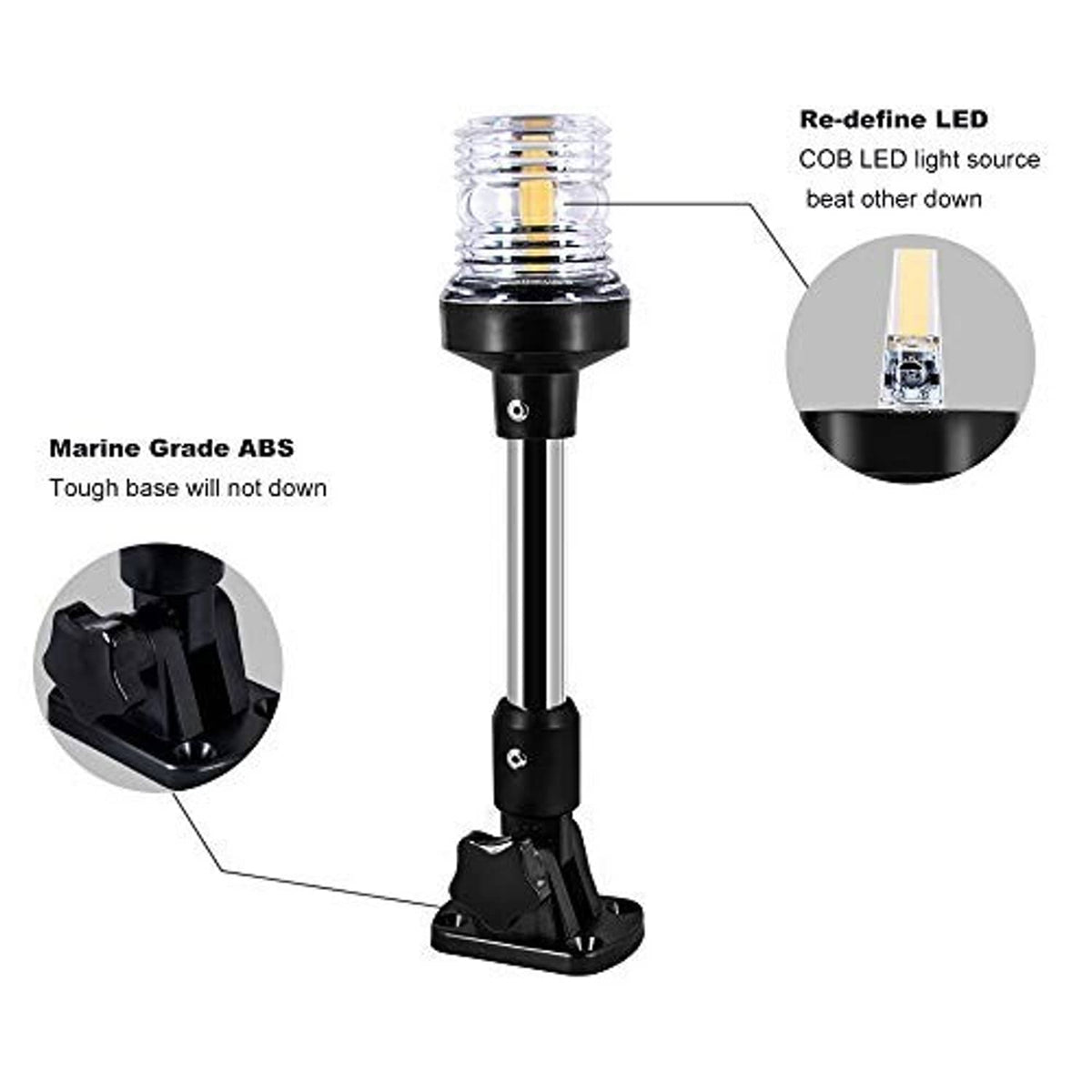 Marine-grade LED stern light with folding base, chrome pole, and clear lens