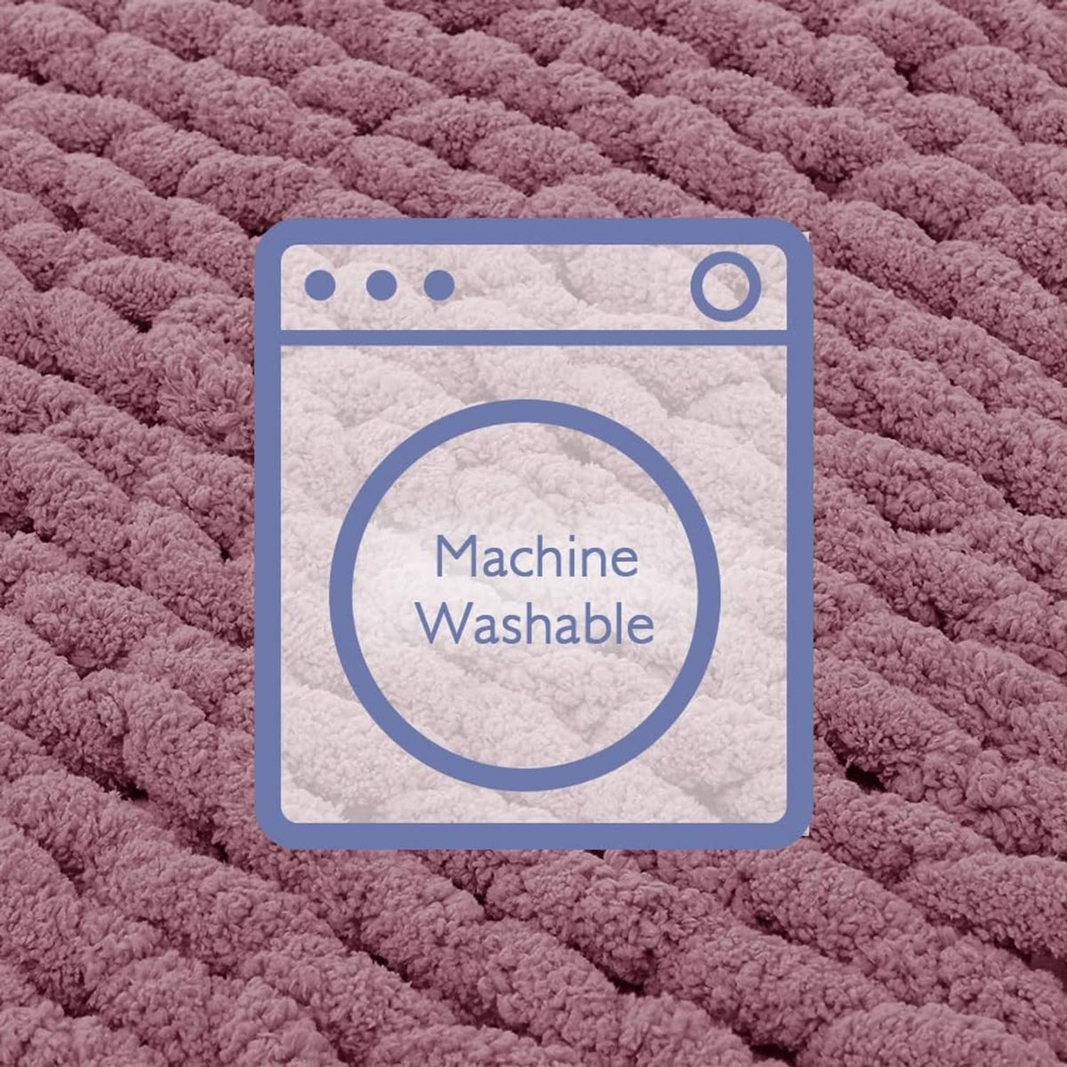 Burnt rose chunky knit throw blanket with machine-washable label icon