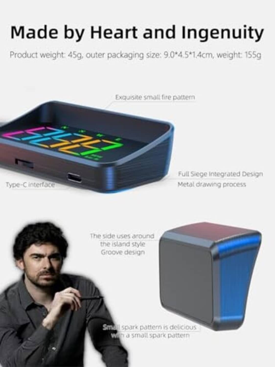 Dark blue HUD display with multicolor digits and visible Type-C port on side