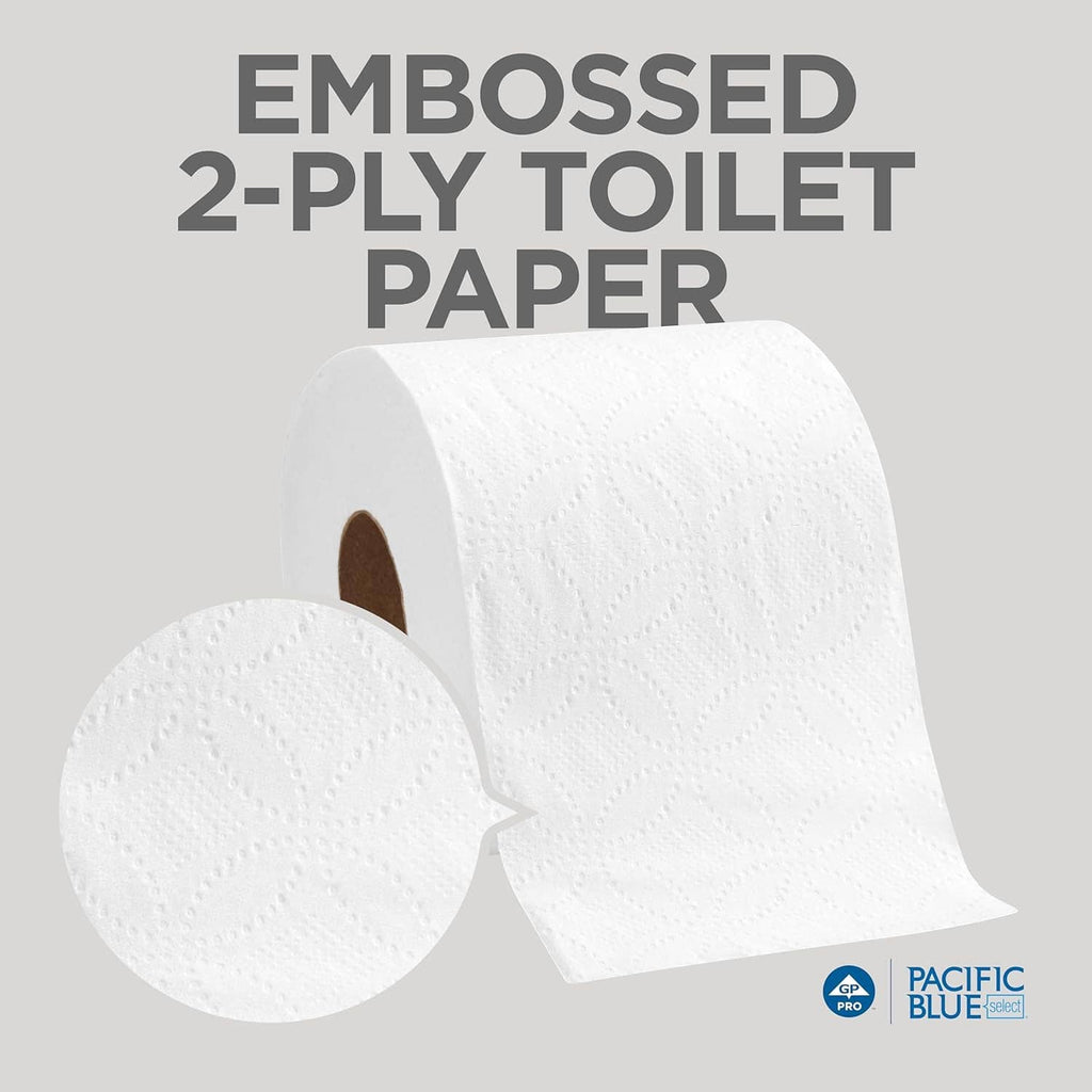 Close-up of 2-ply embossed toilet paper rolls with visible embossed texture