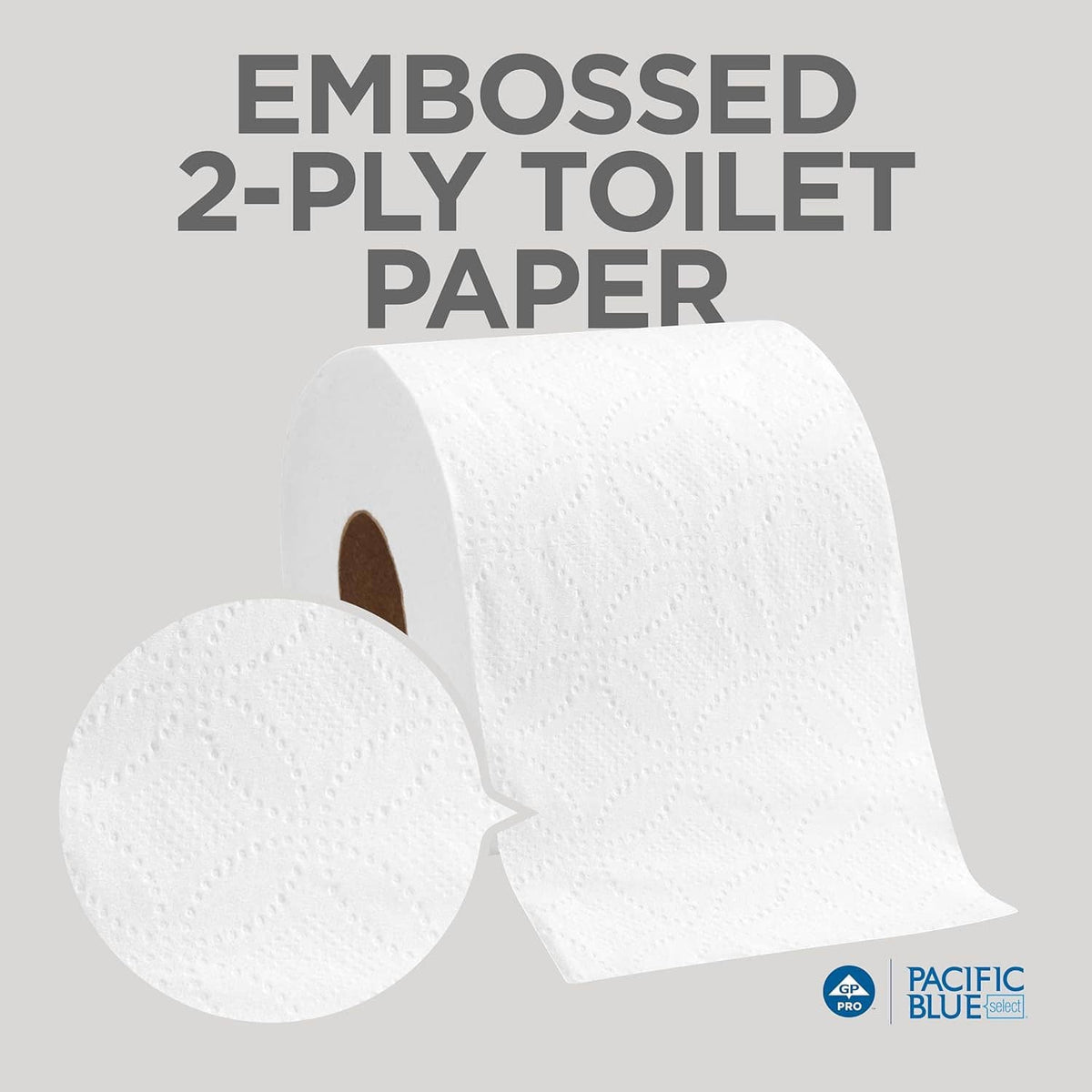 Close-up of 2-ply embossed toilet paper rolls with visible embossed texture