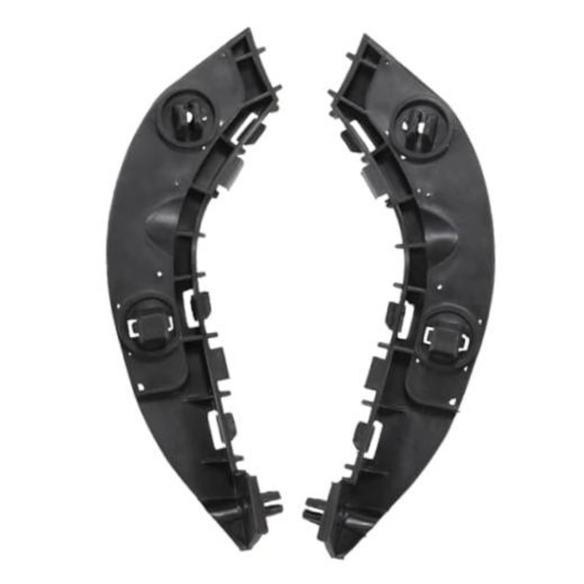 Front bumper bracket set with black plastic housings and mounting clips