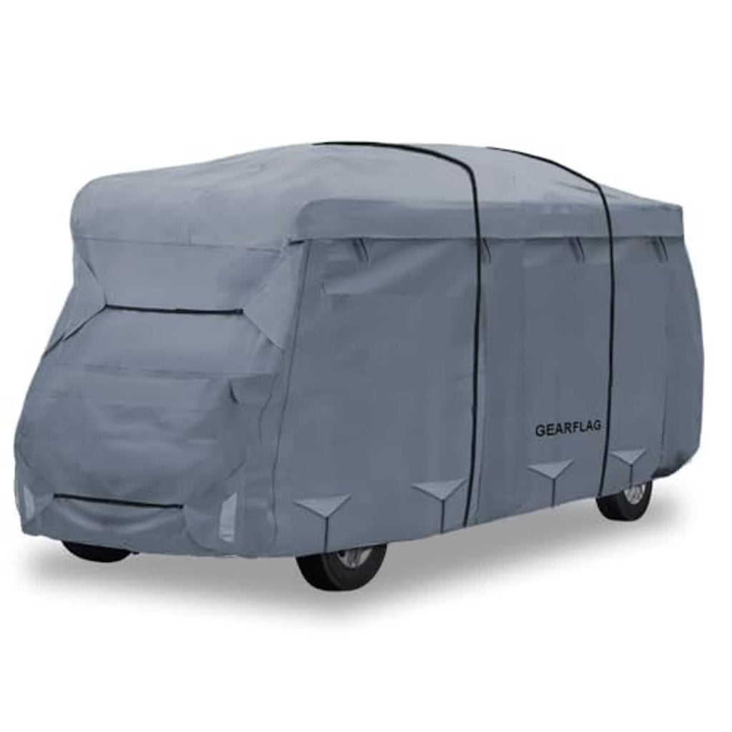 Gray RV car cover with zippered side panels and reinforced windproof straps
