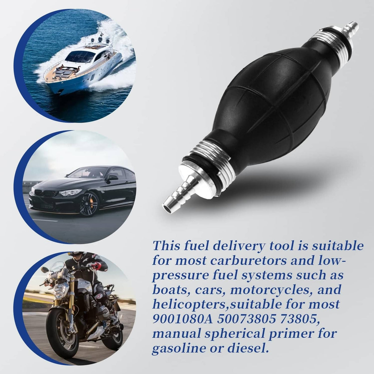 Black fuel delivery primer bulb with angled barbed outlet and threaded hose connector