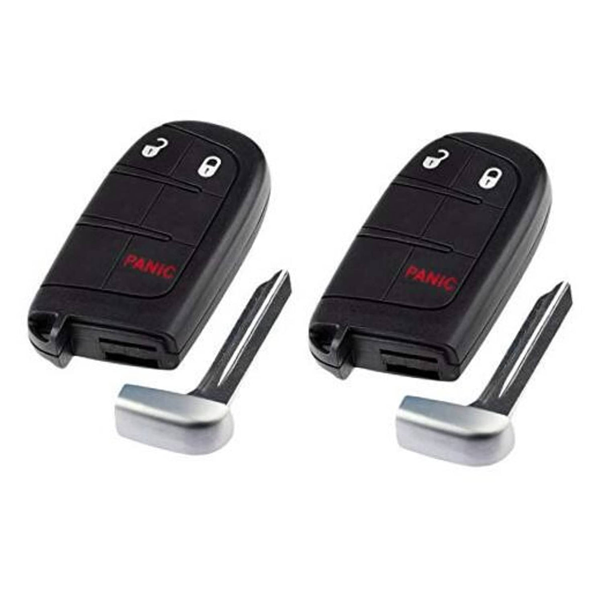 Black remote key fob with lock, unlock, and panic buttons plus metal key blade