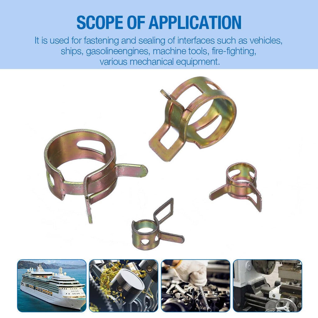 Spring hose clamps bundle for sealing and fastening tubes, shown with several sizes