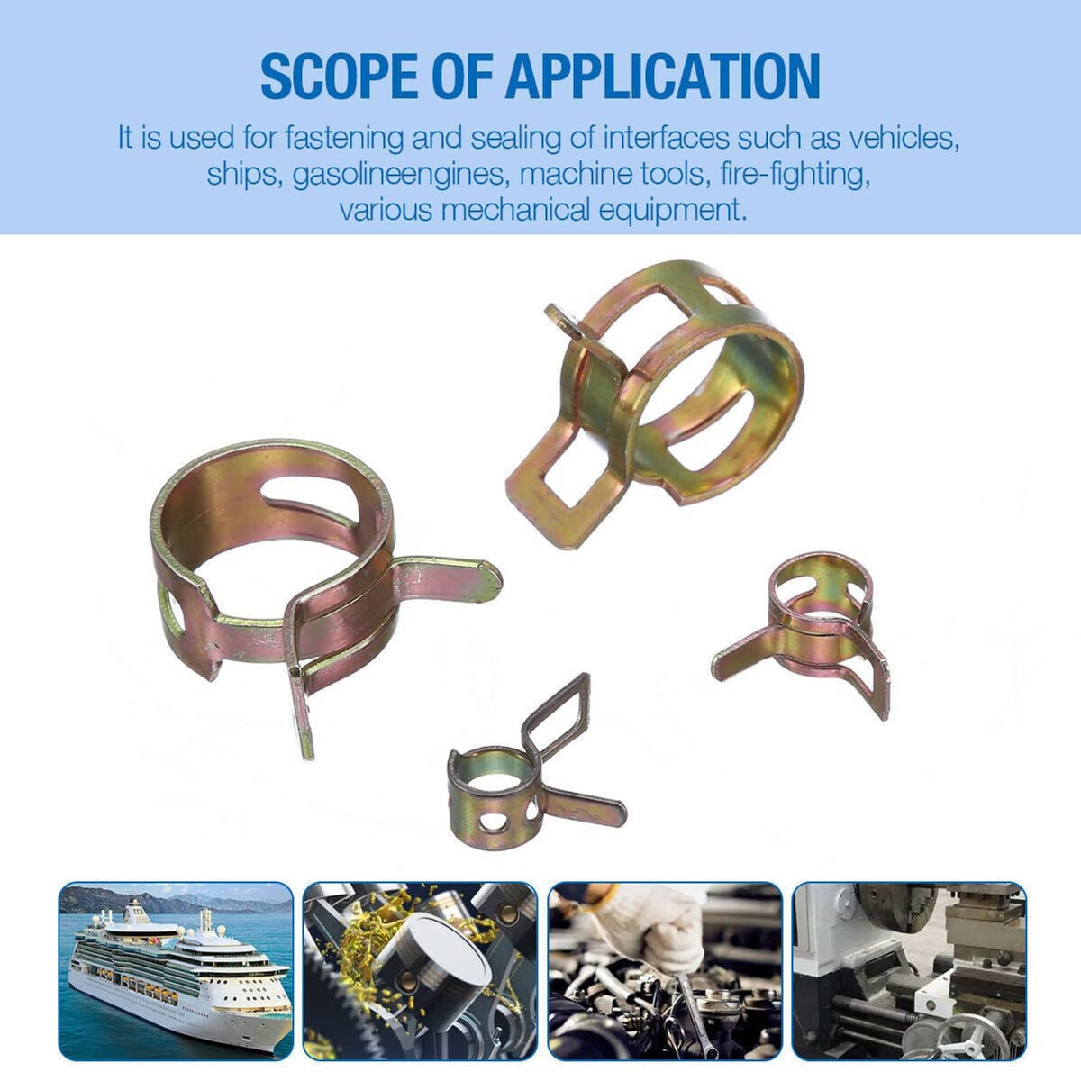 Spring hose clamps bundle for sealing and fastening tubes, shown with several sizes