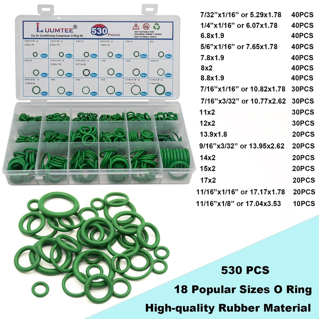 A/C O-ring seal kit with green rubber O-rings, 530-piece set in organizer box