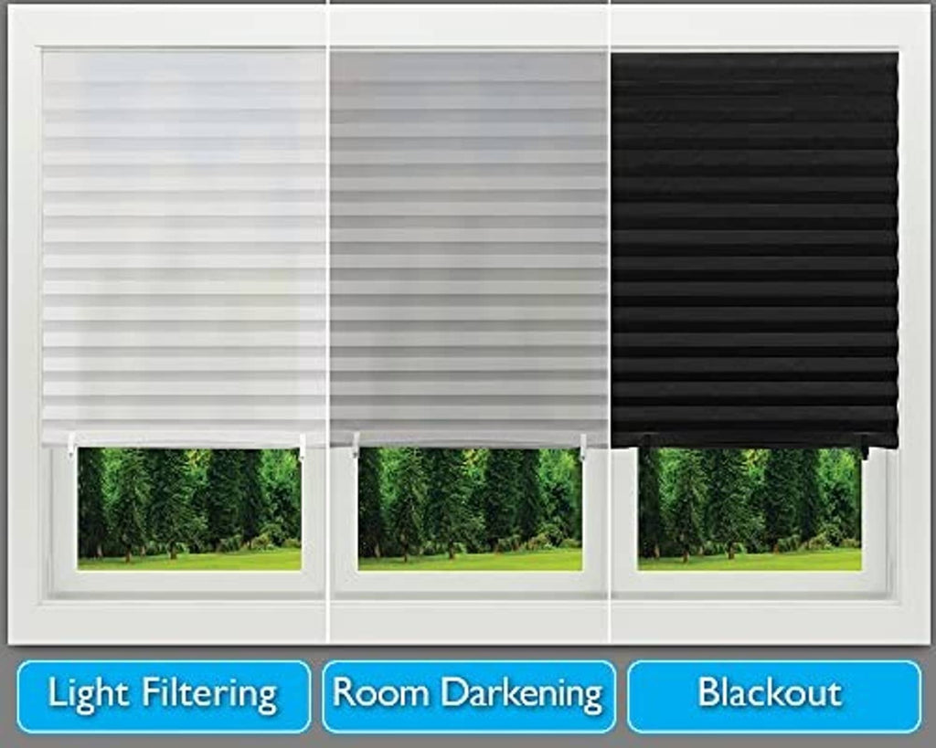 Set of three pleated paper window shade samples: light, medium, and dark