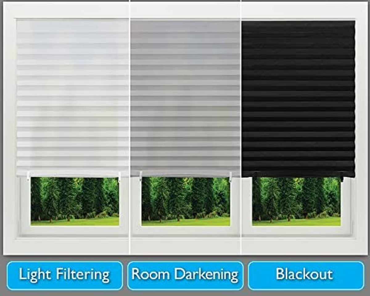 Set of three pleated paper window shade samples: light, medium, and dark