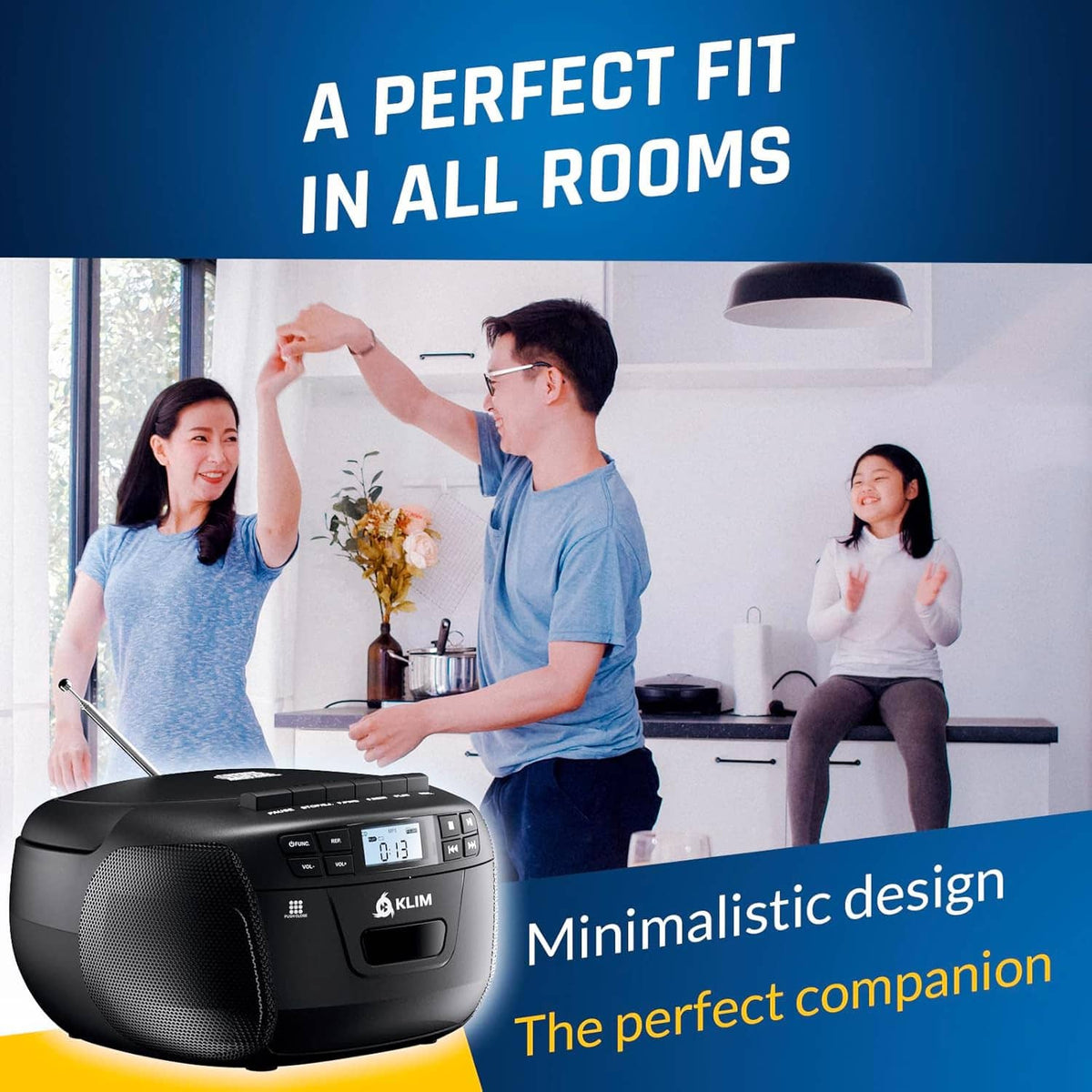 Black compact CD cassette boombox with top handle and control panel.